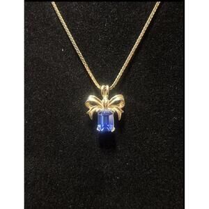 Vintage Sapphire Blue Cubic Zirconia Gold Tone Gift Necklace Signed Korea 20”